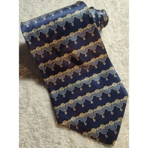 Faberge Silk Necktie Blue Gold Scalloped‎ Pattern Handmade USA Men's